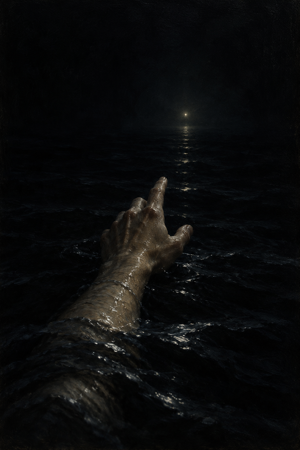 A hand emerges from near-black water and points towards a tiny distant light.