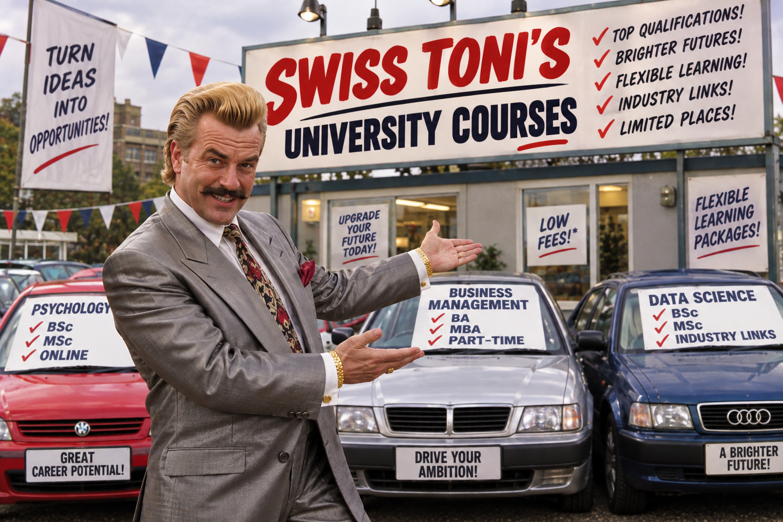 A second-hand car salesman in a shiny grey suit gestures proudly at a forecourt of cars labelled Psychology, Business Management and Data Science, beneath a hoarding reading “Swiss Toni’s — University Courses: top qualifications, brighter futures, flexible learning, limited places”.