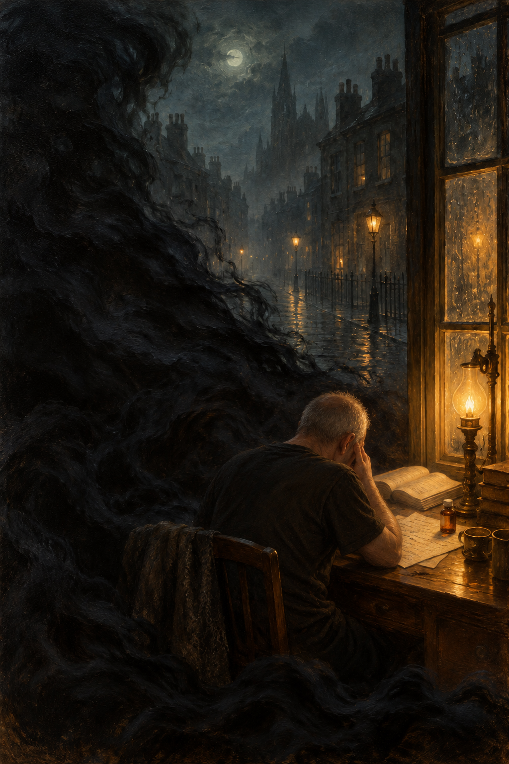 Oil-style image of a man reading and writing at a lamplit desk while a dark mass gathers behind him.